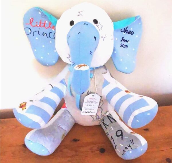 A white and blue custom memory elephant