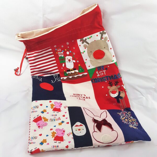 A custom Christmas sack made from many fabrics and clothes