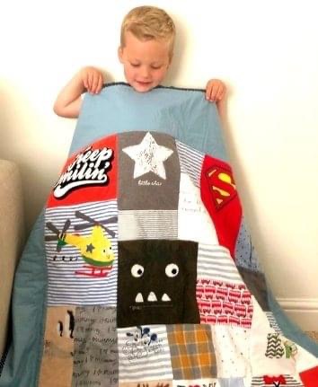 handmade baby memory blanket made from outgrown baby clothes