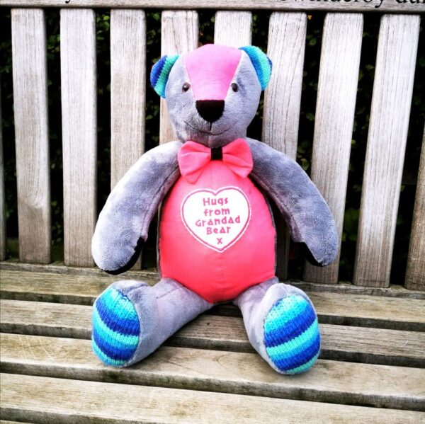 A memory bear with 'Hugs from Grandad Bear x' on the tummy