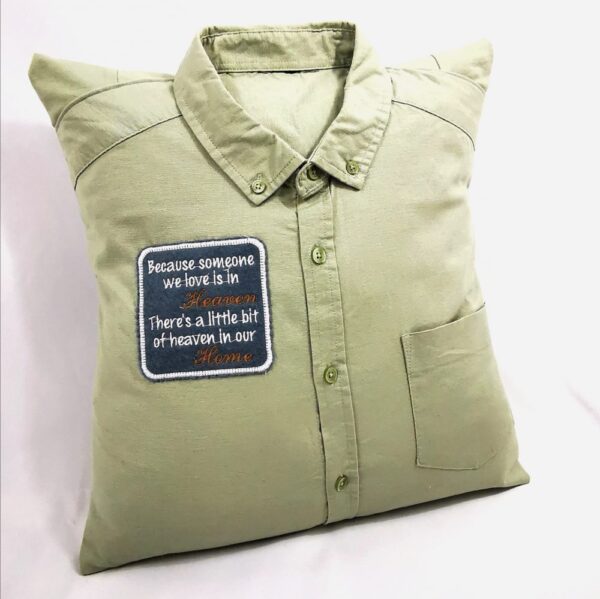 A memory cushion made from a green shirt