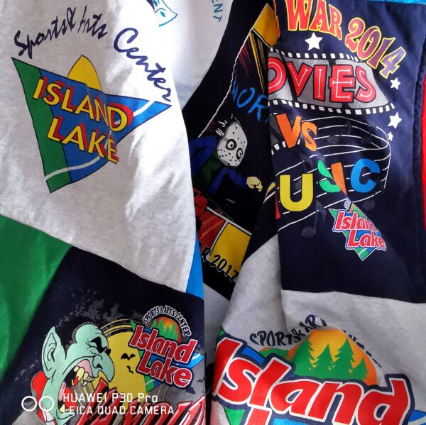 A memory blanket made from t-shirts scrunched together