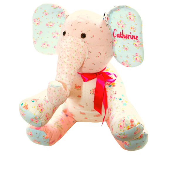 A custom memory elephant with 'Catherine' sewn on one ear