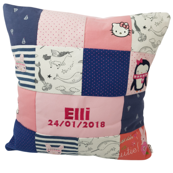 A blue and pink memory cushion with 'Elli 24/01/2018' central to the design