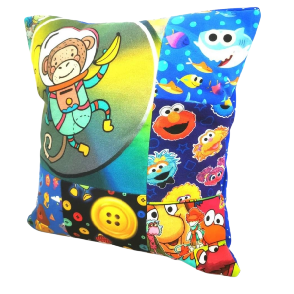 A colourful cushion made from children's patterns