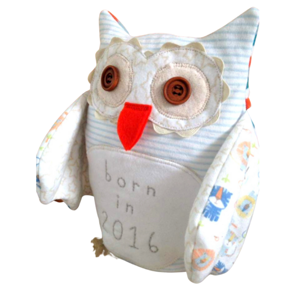 A custom Owl keepsake memory animal with 'born in 2016' on the tummy