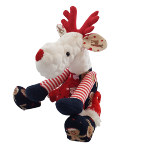 A custom reindeer keepsake animal made out of baby christmas outfits