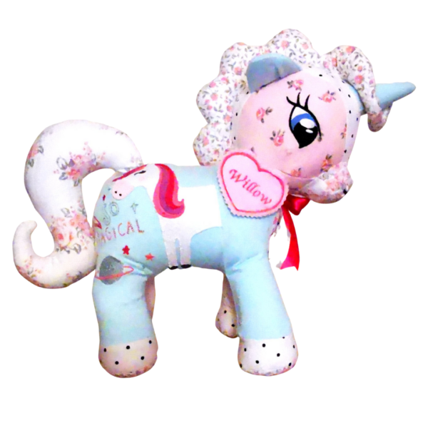 A side view of a keepsake memory unicorn