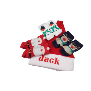 3 pairs of babys first christmas socks and a santa hat with the name Jack written on it