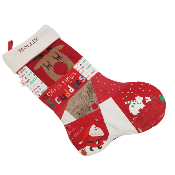 A custom Christmas stocking with a reindeer visible