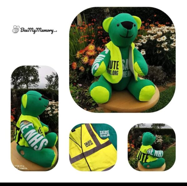 A green and yellow memory bear sat in 4 photos