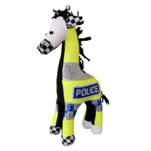 A yellow keepsake giraffe with 'POLICE' on the side