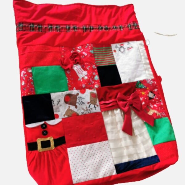 A custom patchwork memory Christmas sack