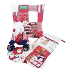Handmade memory reindeer and keepsake cushion crafted from baby's first Christmas clothing