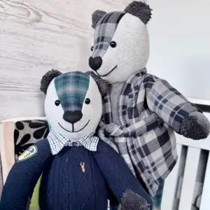 A handcrafted memory bear made from sentimental plaid clothing representing custom memory keepsakes.